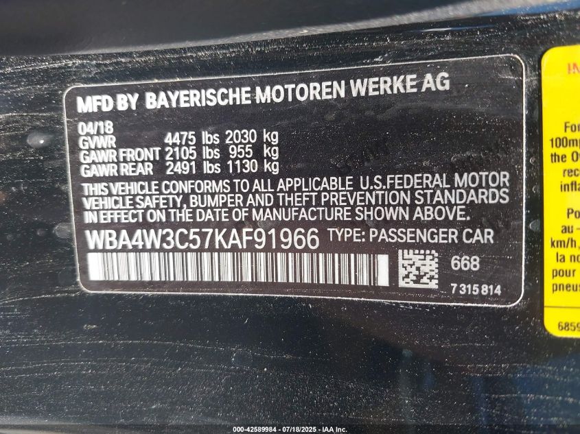 2019 BMW 430I VIN: WBA4W3C57KAF91966 Lot: 42589984