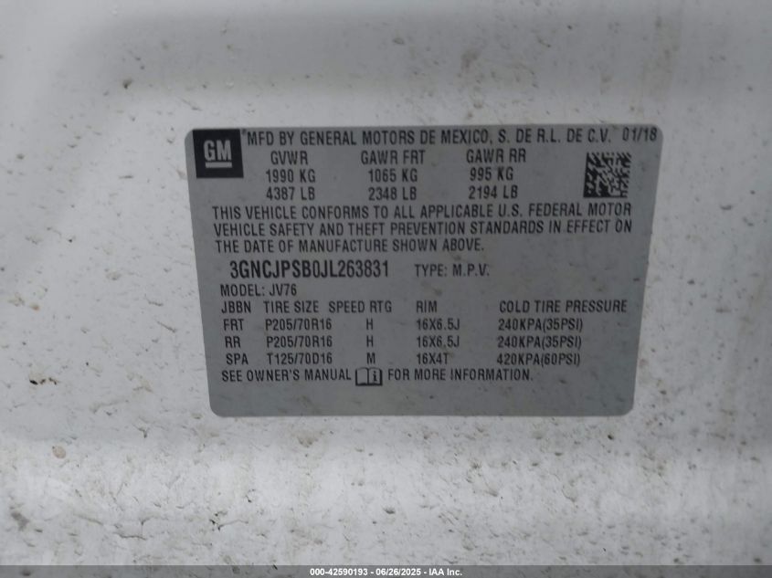 2018 CHEVROLET TRAX LT - 3GNCJPSB0JL263831