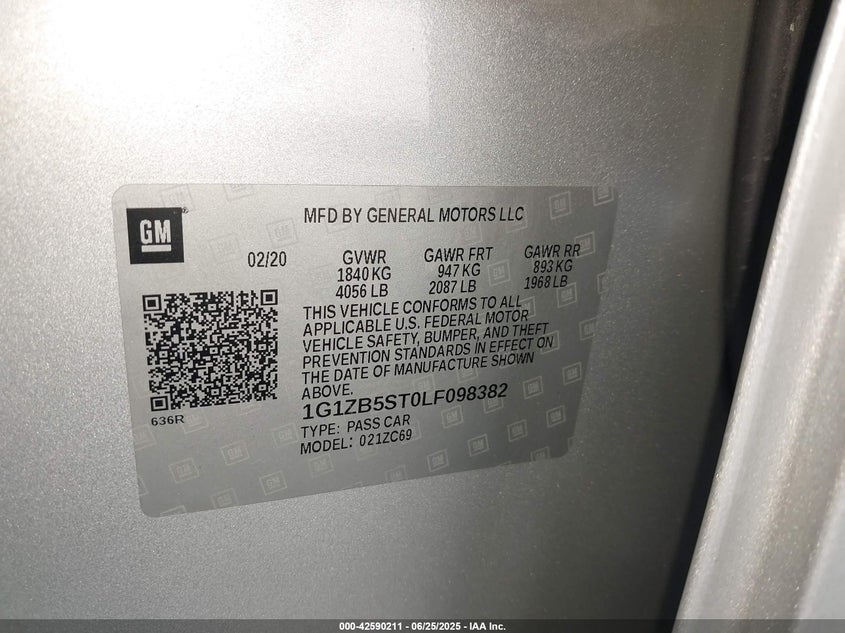 VIN 1G1ZB5ST0LF098382 2020 CHEVROLET MALIBU FWD LS