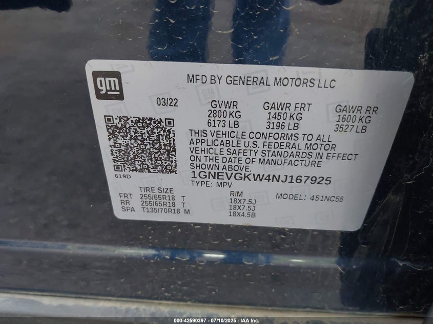 2022 CHEVROLET TRAVERSE AWD LT CLOTH - 1GNEVGKW4NJ167925