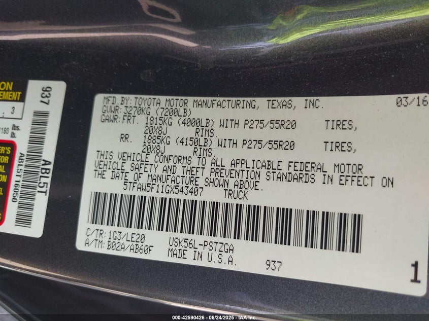 2016 TOYOTA TUNDRA PLATINUM 5.7L V8 - 5TFAW5F11GX543407