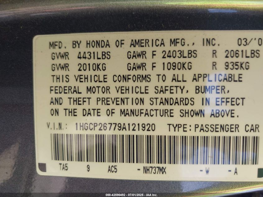 2009 Honda Accord 2.4 Ex VIN: 1HGCP26779A121920 Lot: 42590492