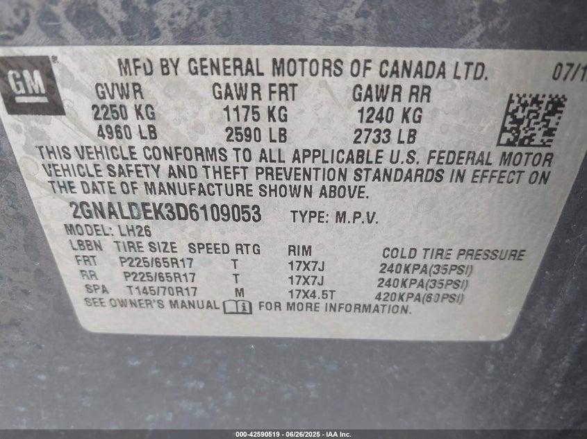 2013 CHEVROLET EQUINOX VIN: 2GNALDEK3D6109053