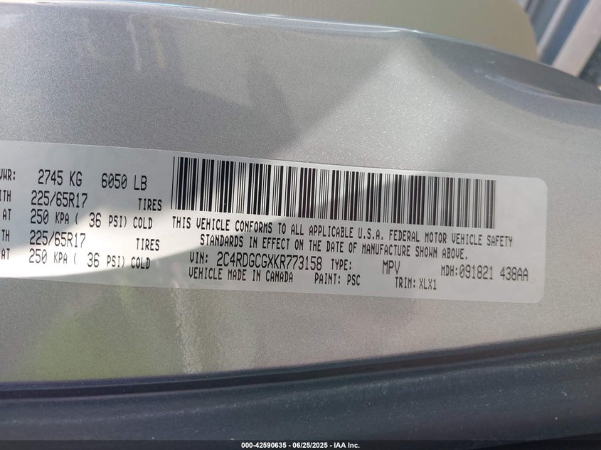 2019 Dodge Grand Caravan Sxt VIN: 2C4RDGCGXKR773158 Lot: 42590635