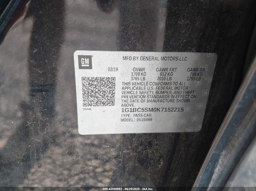 2019 Chevrolet Cruze Ls VIN: 1G1BC5SM0K7152215 Lot: 42590862