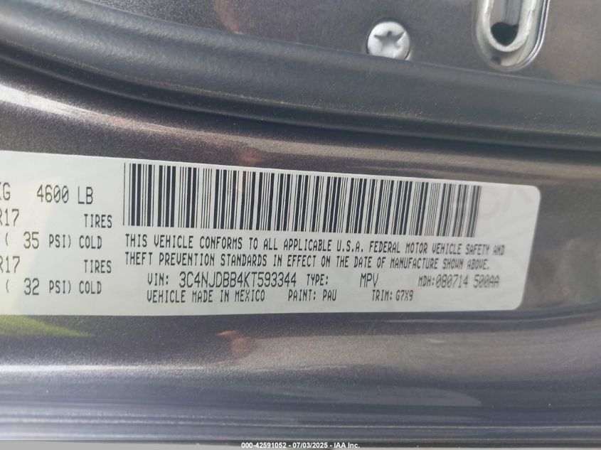 2019 Jeep Compass Latitude 4X4 VIN: 3C4NJDBB4KT593344 Lot: 42591052