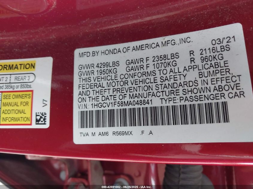 2021 Honda Accord Ex-L VIN: 1HGCV1F58MA048841 Lot: 42591082