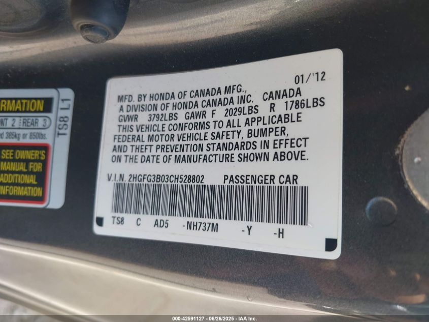 2012 Honda Civic Ex-L VIN: 2HGFG3B03CH528802 Lot: 42591127