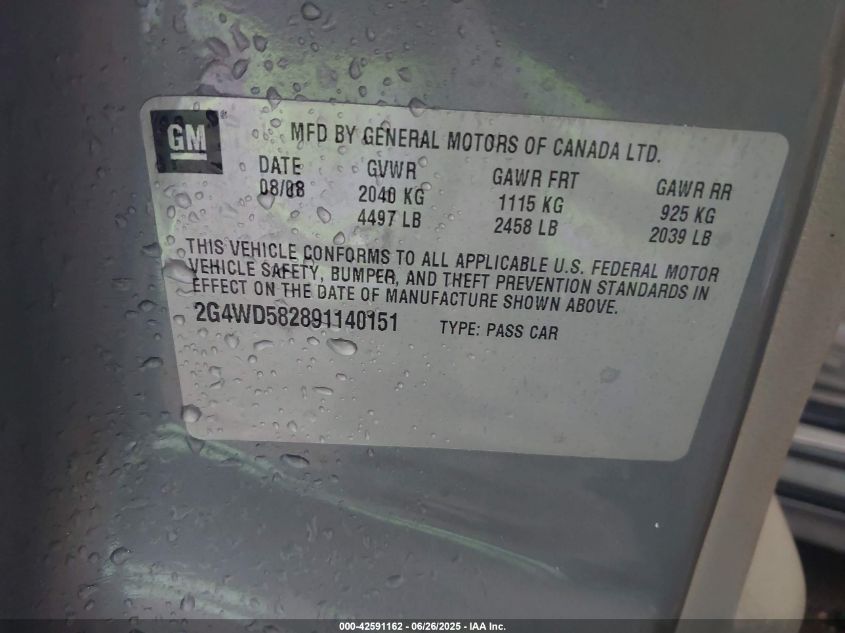 2009 Buick Lacrosse Cxl VIN: 2G4WD582891140151 Lot: 42591162