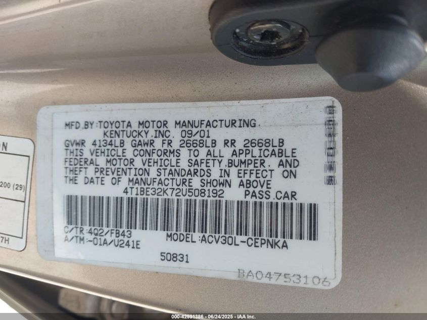 2002 Toyota Camry Le VIN: 4T1BE32K72U508192 Lot: 42591386