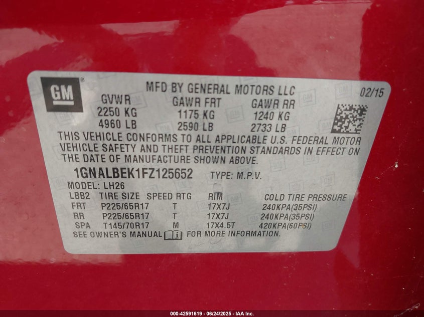 2015 CHEVROLET EQUINOX VIN: 1GNALBEK1FZ125652