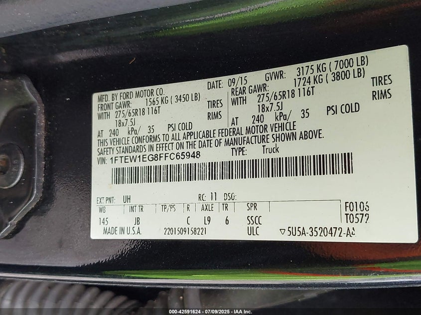 2015 FORD F150 VIN: 1FTEW1EG8FFC65948