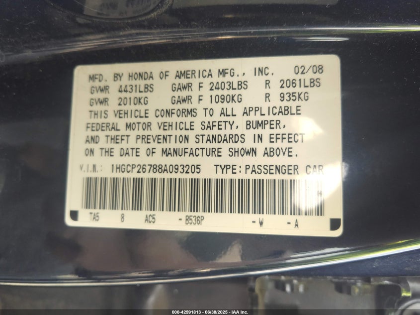 2008 Honda Accord 2.4 Ex VIN: 1HGCP26788A093205 Lot: 42591813