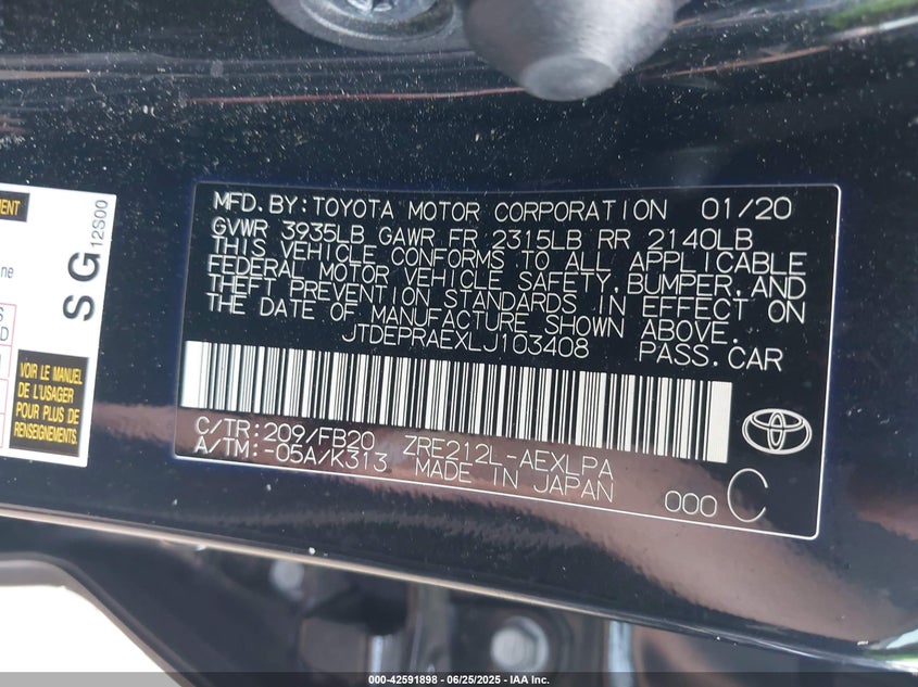 2020 Toyota Corolla Le VIN: JTDEPRAEXLJ103408 Lot: 42591898