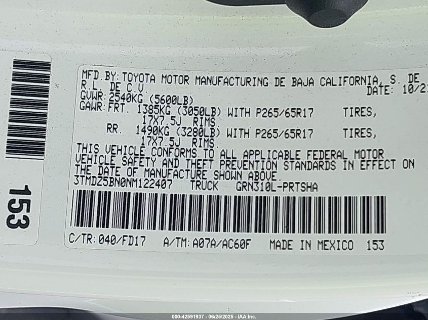 2022 Toyota Tacoma Trd Sport VIN: 3TMDZ5BN0NM122407 Lot: 42591937