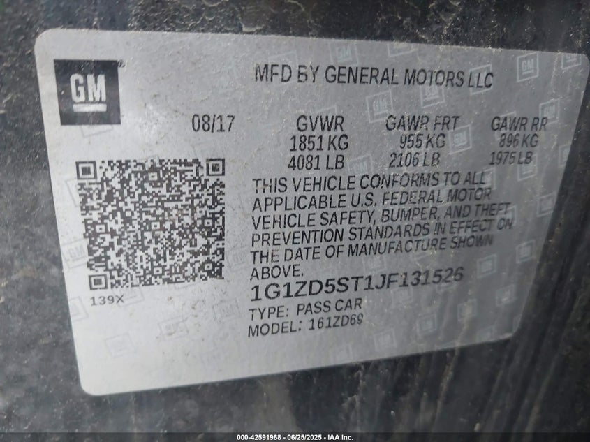 2018 CHEVROLET MALIBU VIN: 1G1ZD5ST1JF131526