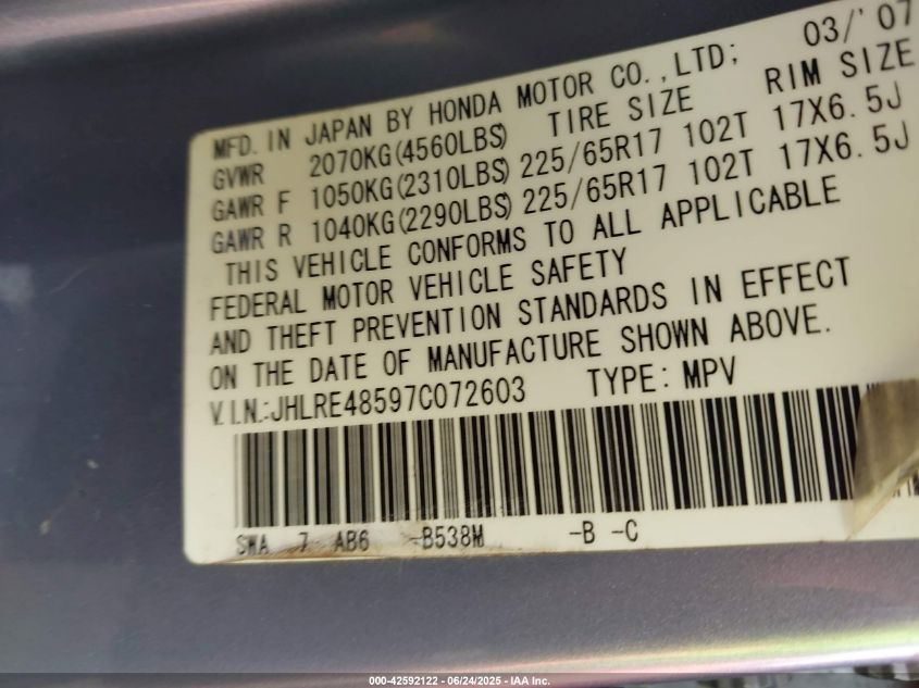 2007 Honda Cr-V Ex VIN: JHLRE48597C072603 Lot: 42592122