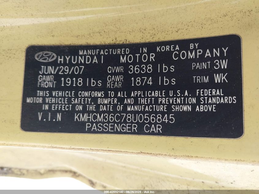 2008 Hyundai Accent Gs VIN: KMHCM36C78U056845 Lot: 42592140