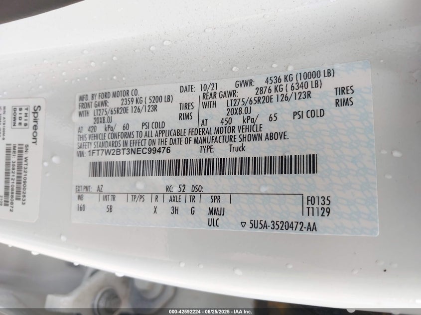 2022 Ford F-250 Lariat VIN: 1FT7W2BT3NEC99476 Lot: 42592224