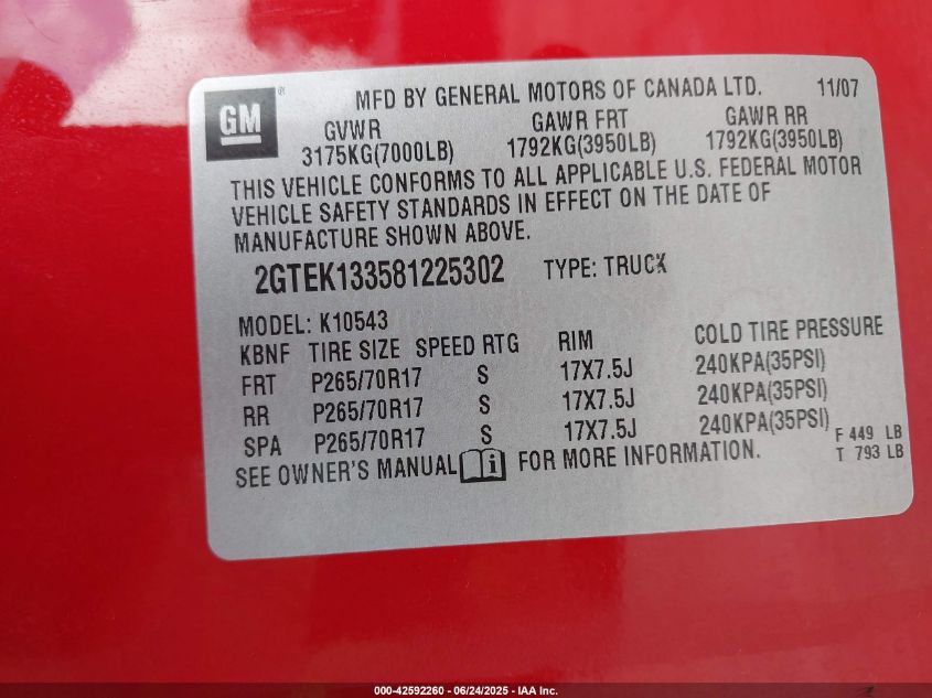 2008 GMC Sierra 1500 Slt VIN: 2GTEK133581225302 Lot: 42592260