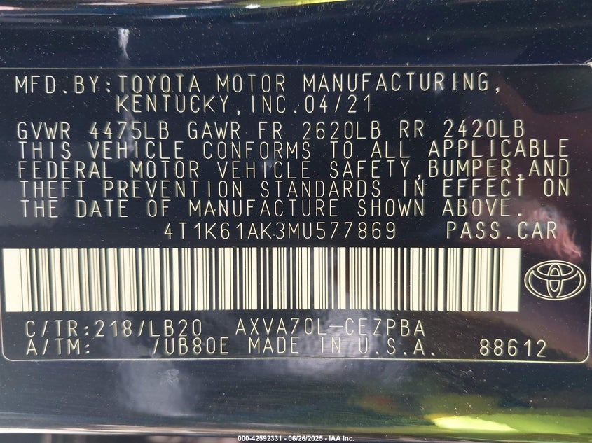 2021 TOYOTA CAMRY XSE - 4T1K61AK3MU577869