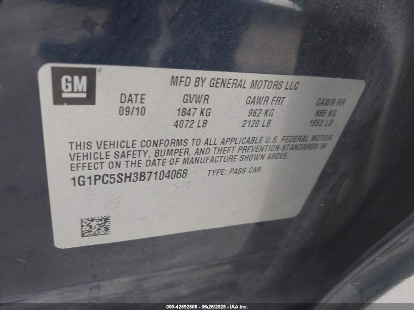 2011 Chevrolet Cruze Ls VIN: 1G1PC5SH3B7104068 Lot: 42592506