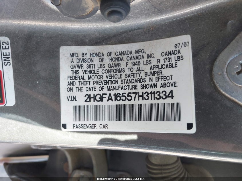 2007 HONDA CIVIC VIN: 2HGFA16557H311334