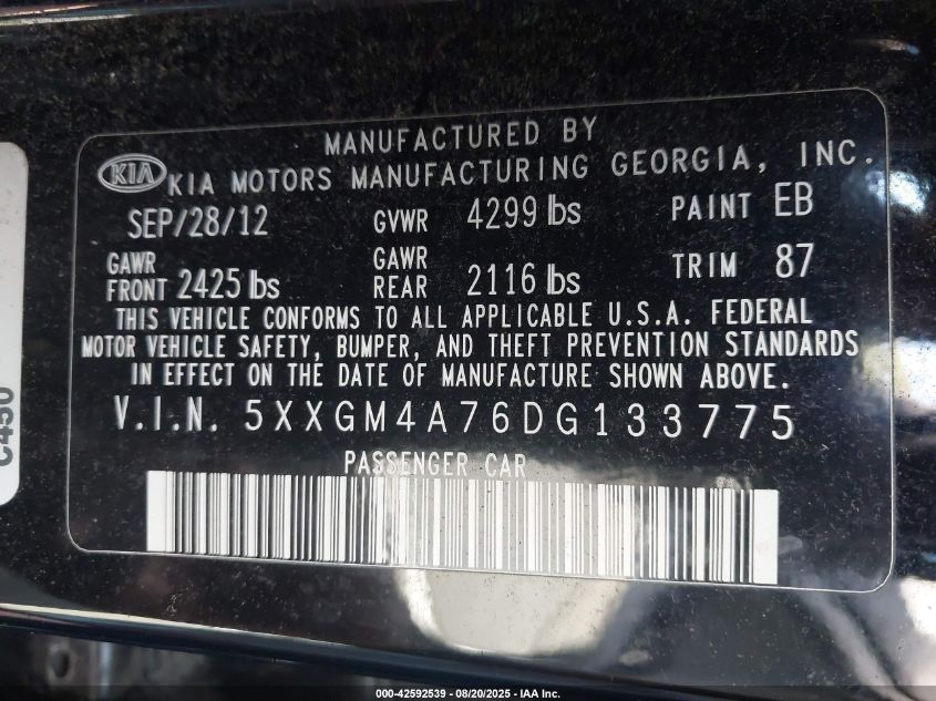 2013 Kia Optima Lx VIN: 5XXGM4A76DG133775 Lot: 42592539