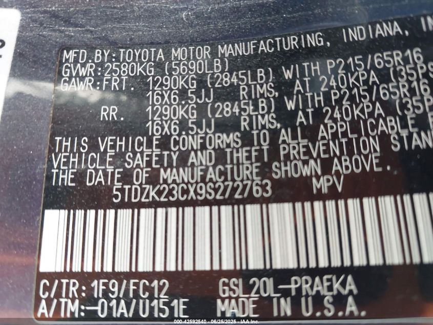 2009 Toyota Sienna Le VIN: 5TDZK23CX9S272763 Lot: 42592540