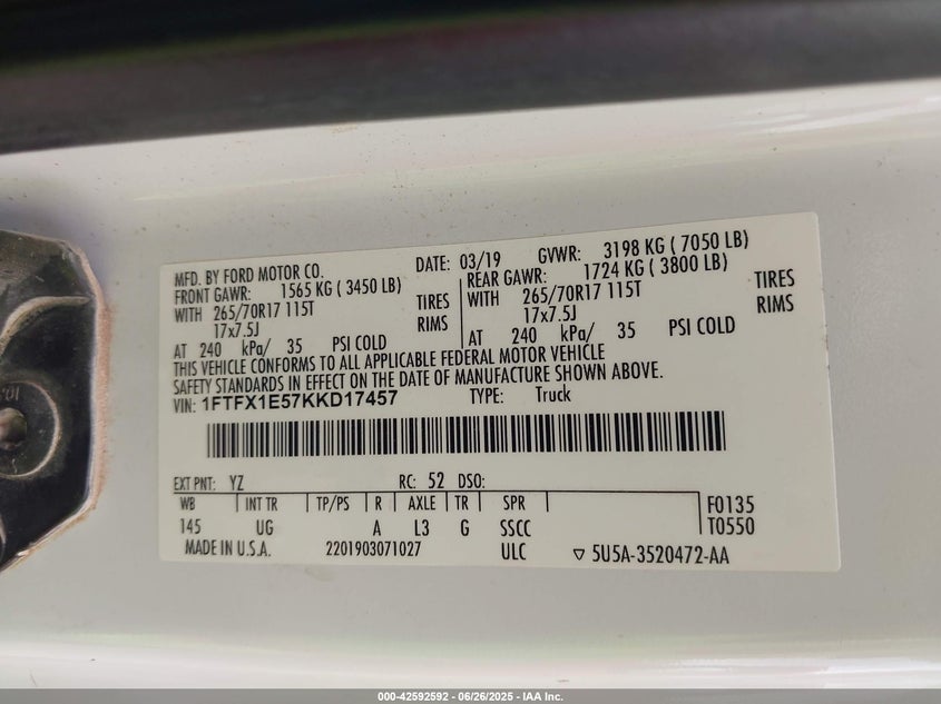 2019 FORD F-150 VIN: 1FTFX1E57KKD17457