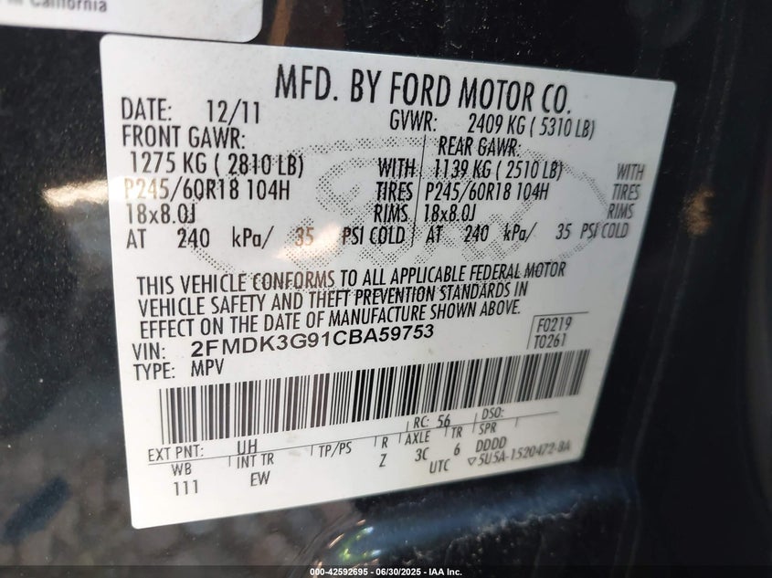 2012 Ford Edge Se VIN: 2FMDK3G91CBA59753 Lot: 42592695