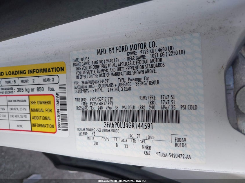2016 FORD FUSION HYBRID VIN: 3FA6P0LU4GR144591