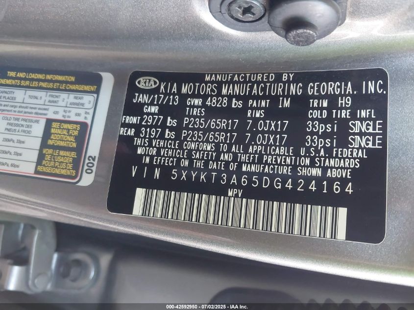 2013 Kia Sorento Lx VIN: 5XYKT3A65DG424164 Lot: 42592950