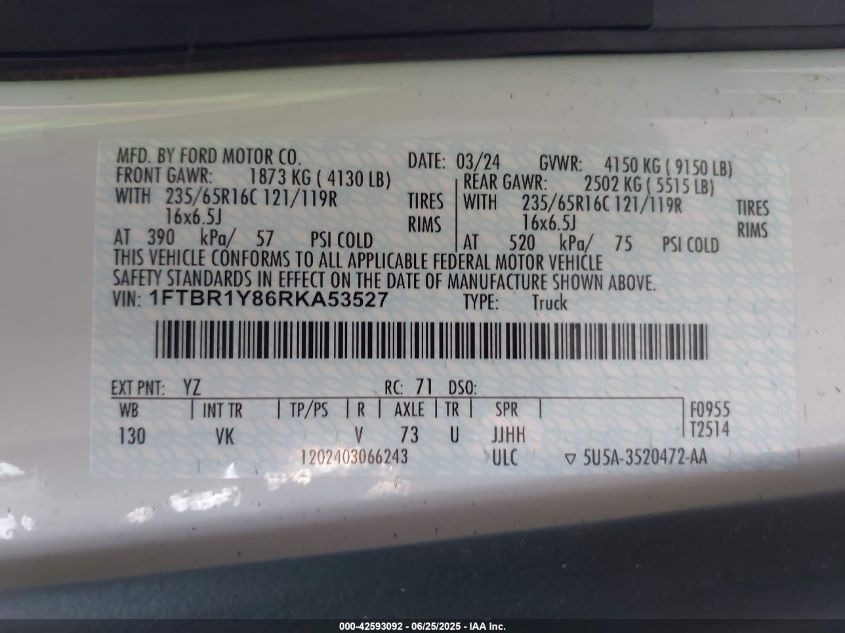 2024 Ford Transit-250 VIN: 1FTBR1Y86RKA53527 Lot: 42593092