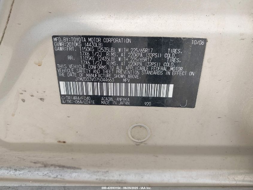 2007 Toyota Rav4 VIN: JTMZD33V075044663 Lot: 42593154