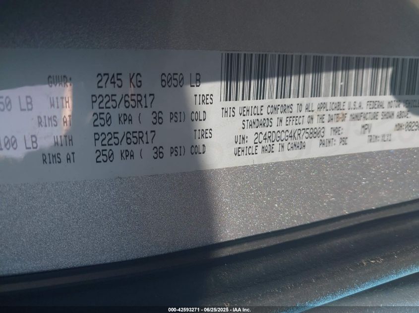 2019 Dodge Grand Caravan Sxt VIN: 2C4RDGCG4KR758803 Lot: 42593271