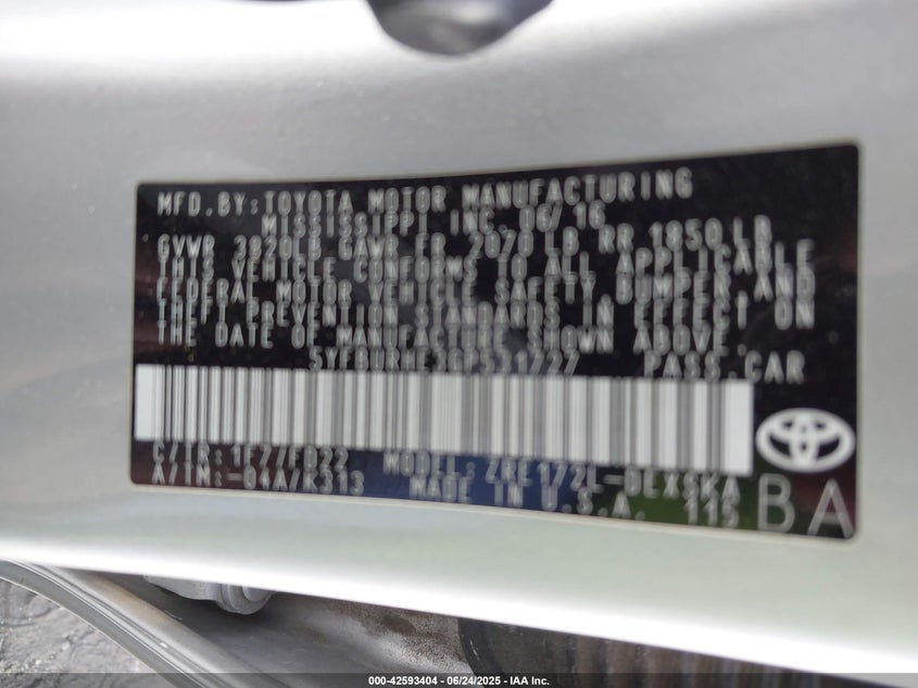 2016 TOYOTA COROLLA VIN: 5YFBURHE3GP531727