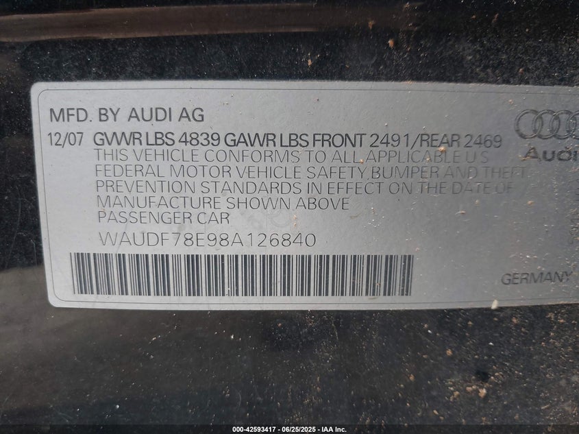 2008 Audi A4 2.0T VIN: WAUDF78E98A126840 Lot: 42593417