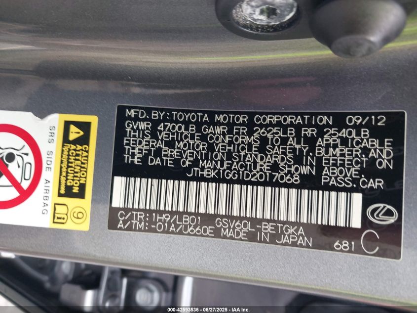 2013 Lexus Es 350 VIN: JTHBK1GG1D2017068 Lot: 42593536