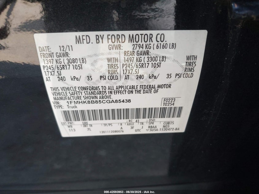 2012 FORD EXPLORER VIN: 1FMHK8B85CGA85438