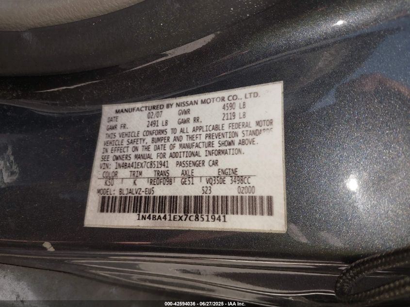 2007 Nissan Maxima Se/Sl VIN: 1N4BA41EX7C851941 Lot: 42594036