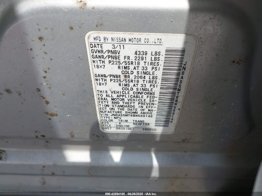 2011 Nissan Rogue Sv VIN: JN8AS5MT8BW569148 Lot: 42594108