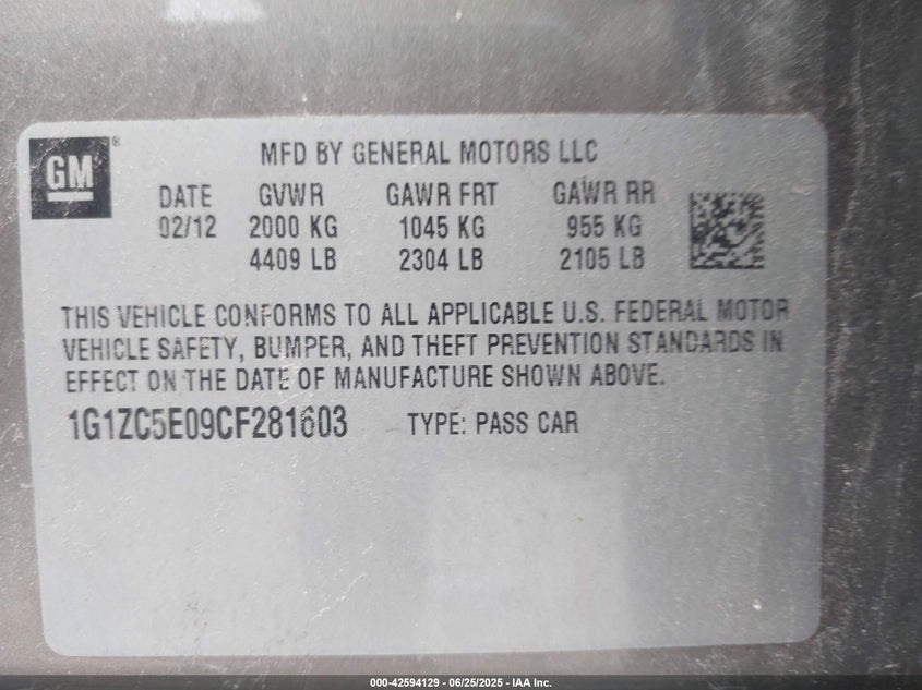 2012 CHEVROLET MALIBU VIN: 1G1ZC5E09CF281603