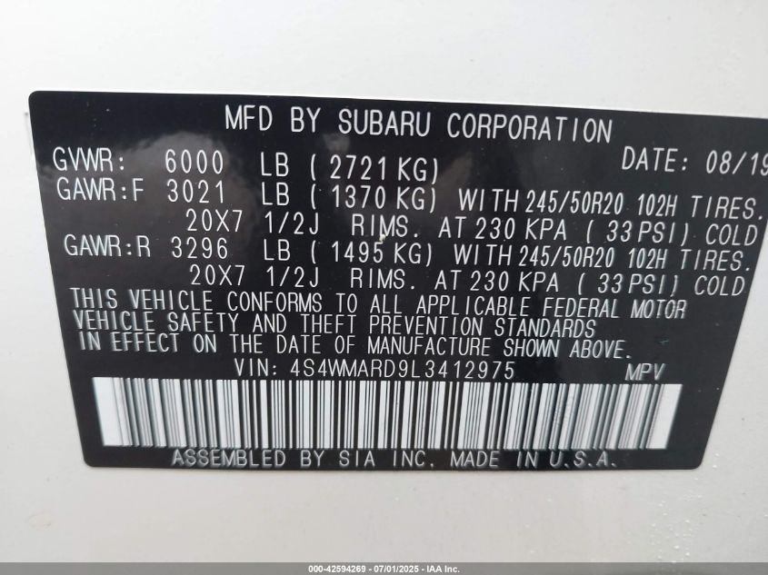 2020 Subaru Ascent Touring VIN: 4S4WMARD9L3412975 Lot: 42633674