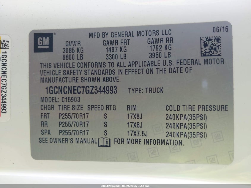 2016 CHEVROLET SILVERADO 1500 WT - 1GCNCNEC7GZ344993