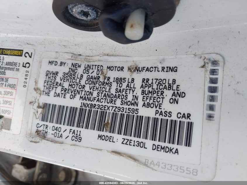 2007 TOYOTA COROLLA VIN: 1NXBR32EX7Z931595