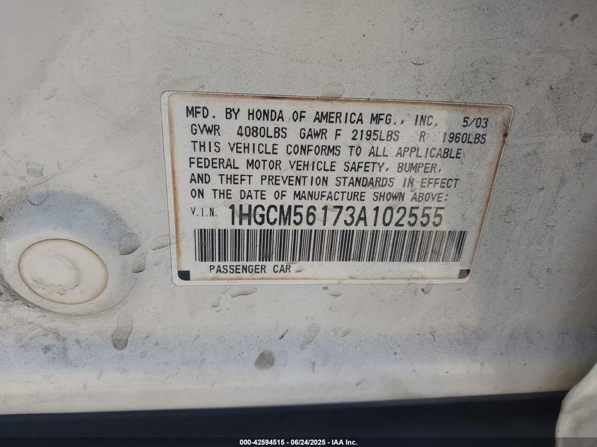 2003 Honda Accord 2.4 Dx VIN: 1HGCM56173A102555 Lot: 42594515