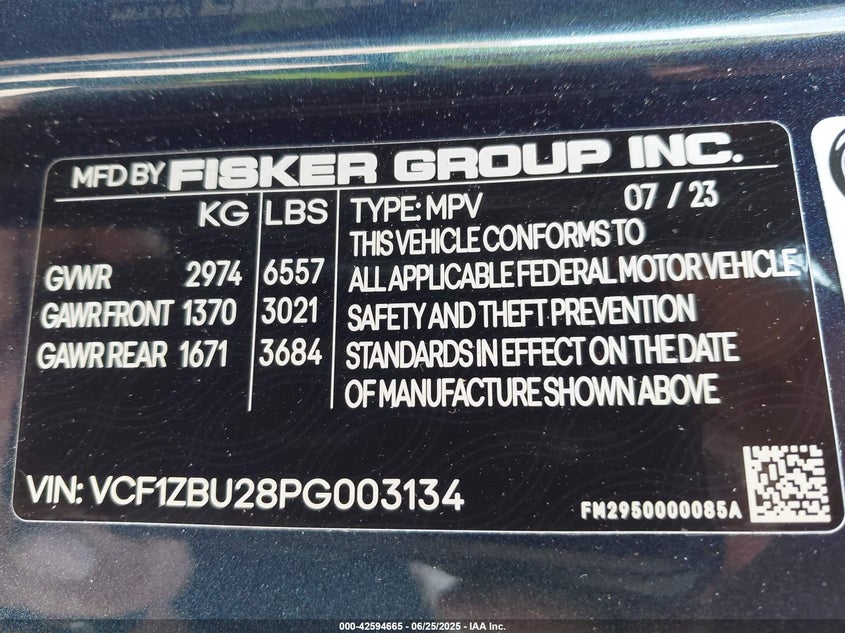 VIN VCF1ZBU28PG003134 2023 FISKER OCEAN ONE