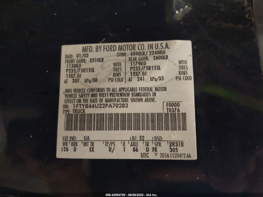 2002 Ford Ranger Edge/Tremor/Xlt VIN: 1FTYR44U22PA70283 Lot: 42594789
