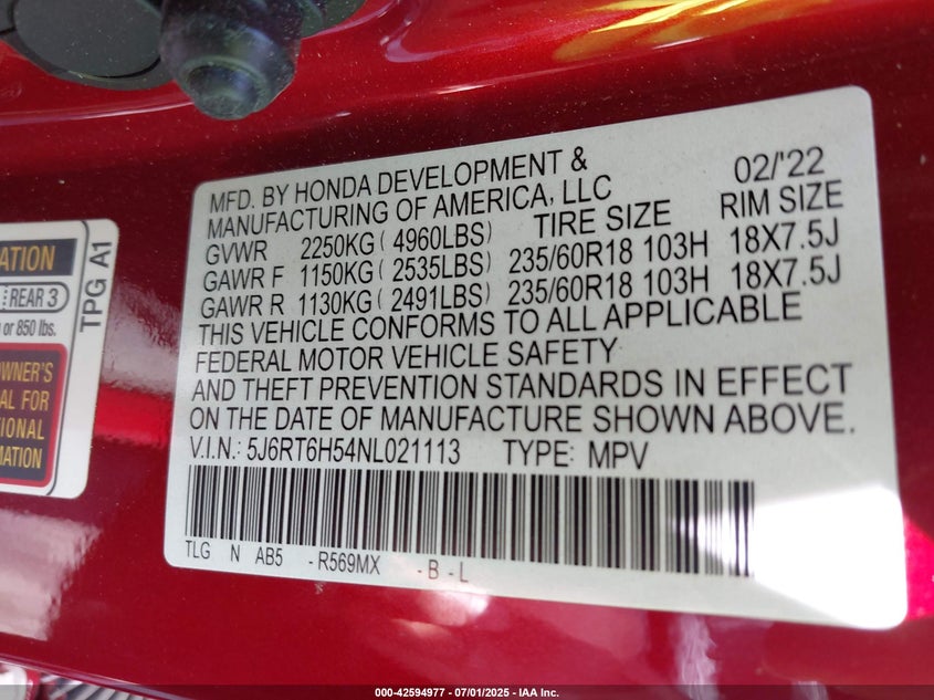 2022 HONDA CR-V HYBRID(VIN: 5J6RT6H54NL021113